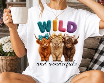 Highland Cow Trio PNG, Faux-Fur Text, Western Boho Sublimation Design (Digital Download)