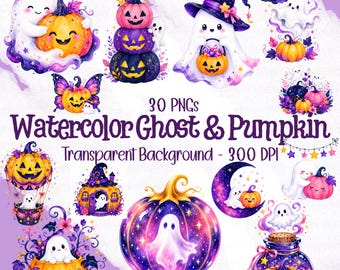 30 imágenes prediseñadas de calabazas fantasma en acuarela, paquete PNG de Halloween caprichoso