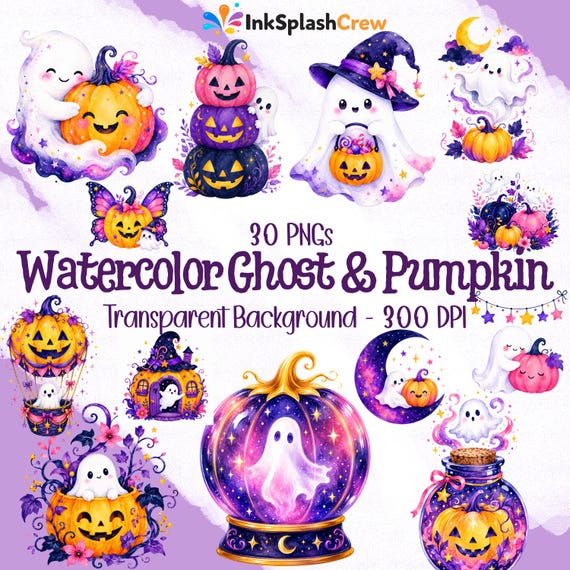 30 Watercolor Ghost Pumpkin Clipart, Whimsical Halloween PNG Bundle