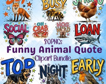 Paquete de imágenes prediseñadas con juegos de palabras y animales divertidos, 30 diseños PNG (descarga digital)