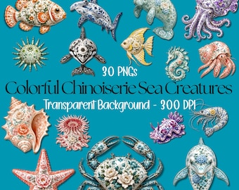 Paquete de imágenes prediseñadas de criaturas marinas de estilo chinoiserie, porcelana costera PNG, arte náutico (descarga digital)