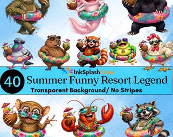 Paquete de imágenes prediseñadas de animales tropicales divertidos, sin rayas, imágenes PNG de vacaciones de verano en la playa.
