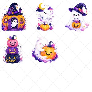 Puede incluir: Colecci&oacute;n de ilustraciones caprichosas con tem&aacute;tica de Halloween. Las im&aacute;genes presentan fantasmas sonrientes, calabazas y sombreros de bruja en colores vibrantes. Una imagen muestra un fantasma saliendo de una casa calabaza, otra un fantasma abrazando una calabaza sonriente.