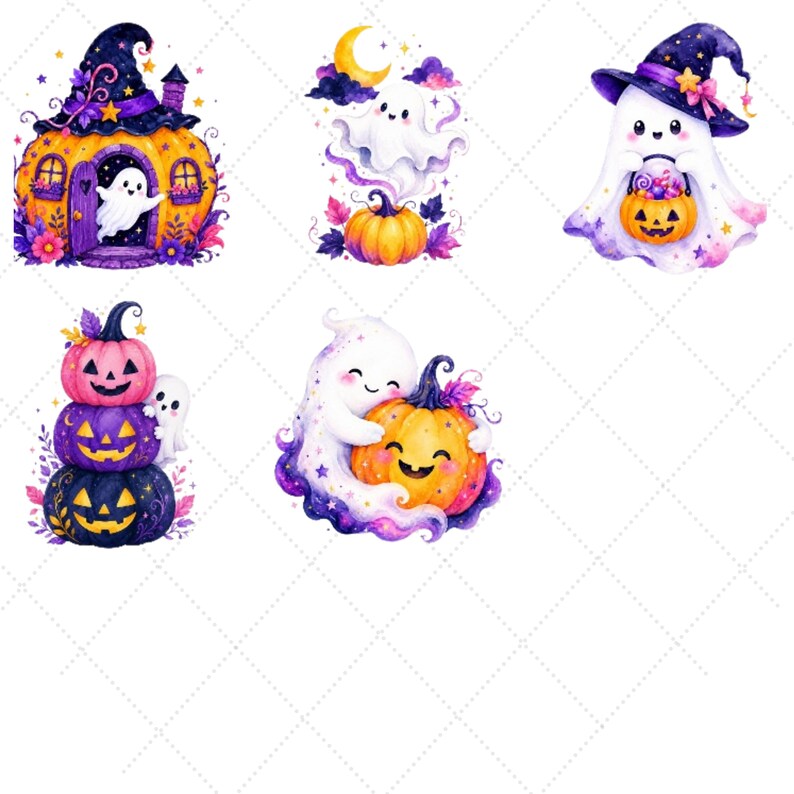 Puede incluir: Colecci&oacute;n de ilustraciones caprichosas con tem&aacute;tica de Halloween. Las im&aacute;genes presentan fantasmas sonrientes, calabazas y sombreros de bruja en colores vibrantes. Una imagen muestra un fantasma saliendo de una casa calabaza, otra un fantasma abrazando una calabaza sonriente.