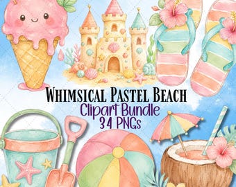 Paquete de imágenes prediseñadas de playa en tonos pastel, conchas marinas veraniegas en acuarela, gráficos PNG costeros (34 archivos)