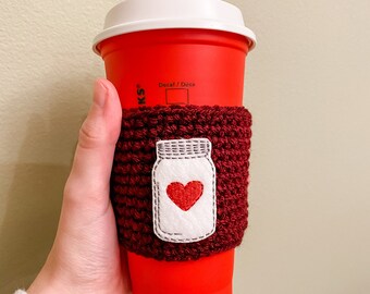 Crochet coffee cozy - coffee cozy - coffee mug - coffee sleeve - jar of hearts - love - gifts under 10 - starbucks - coffee
