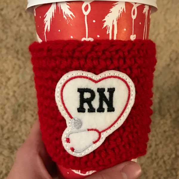 coffee cozy - crochet coffee cozy - coffee sleeve - coffee mug - stocking stuffer - registered nurse - nurse - RN - gifts under 10