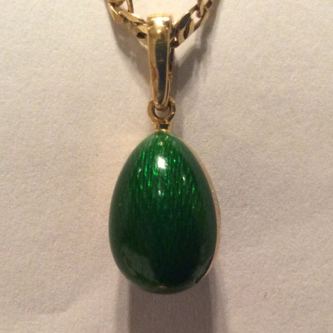 Vintage Faberge Egg Pendant 18k Gold Green Enamel