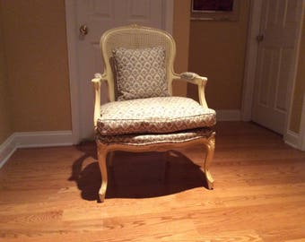 Vintage French Provincial armchair Louis XV style carved wood upholstered cane Bergere boudoir accent chair fauteuils down feather cushion