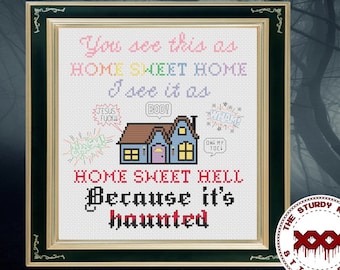 Home Sweet Bump in the night ghost haunted halloween digital cross stitch pattern PDF
