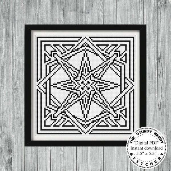 Black and white Stained glass starburst coloring book style Digital PDF download 5.5in x 5.5in