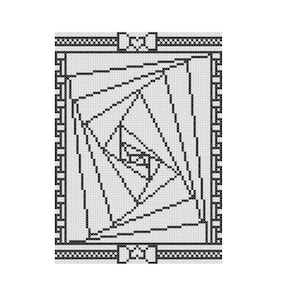 Op de afbeelding: Zwart-wit geometrisch ontwerp met een vierkant frame. Het ontwerp bevat overlappende vierkanten en rechthoeken, waardoor een gevoel van diepte en perspectief ontstaat.