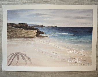 Original Palm Tree Seascape Watercolor Painting - Beach Wall Art (7x10)