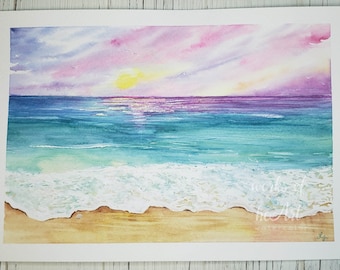 Sunset Beach Watercolor Painting: Tropical Ocean Art (7x10)