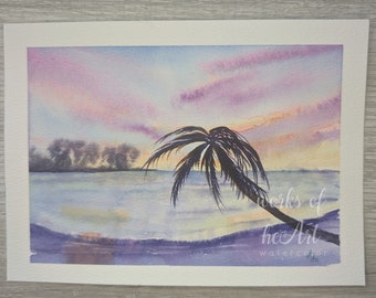 Original Watercolor Palm Tree Sunset Beach Art (5x7)