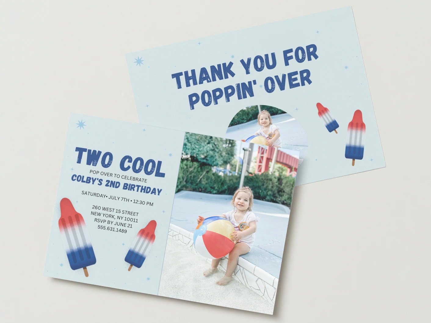 Editable Two Cool Ice Pop Party Invitation Custom 2nd Birthday Invite Red white Blue Popsicle Ice Cream Digital Print