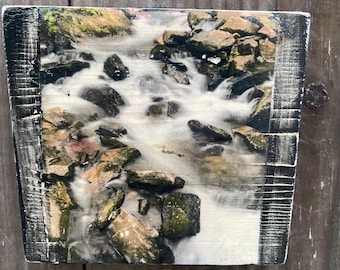 Rocks and Watefall ~5x5” on Wood
