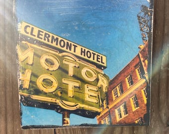Clermont Motel Sign wood panel 8x8”
