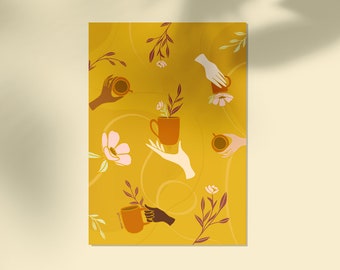 Illustration printing coffee & flowers - 5 x 7 inches