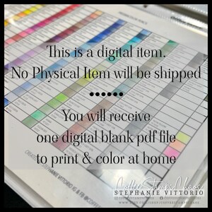 May include: A digital printable coloring page featuring a color chart with various shades of colored pencils. The text "This is a digital item. No Physical Item will be shipped. You will receive one digital blank pdf file to print & color at home." is displayed on the page.