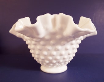 Vintage Fenton Milk Glass Hobnail Ruffled Vase - Bowl - Candy