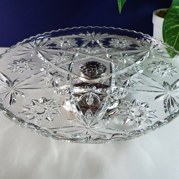 Vintage 11" Cake Stand - Pattern Glass and Silver Plated Pedestal - Anchor Hocking Pres-Cut "Star of David” EXC