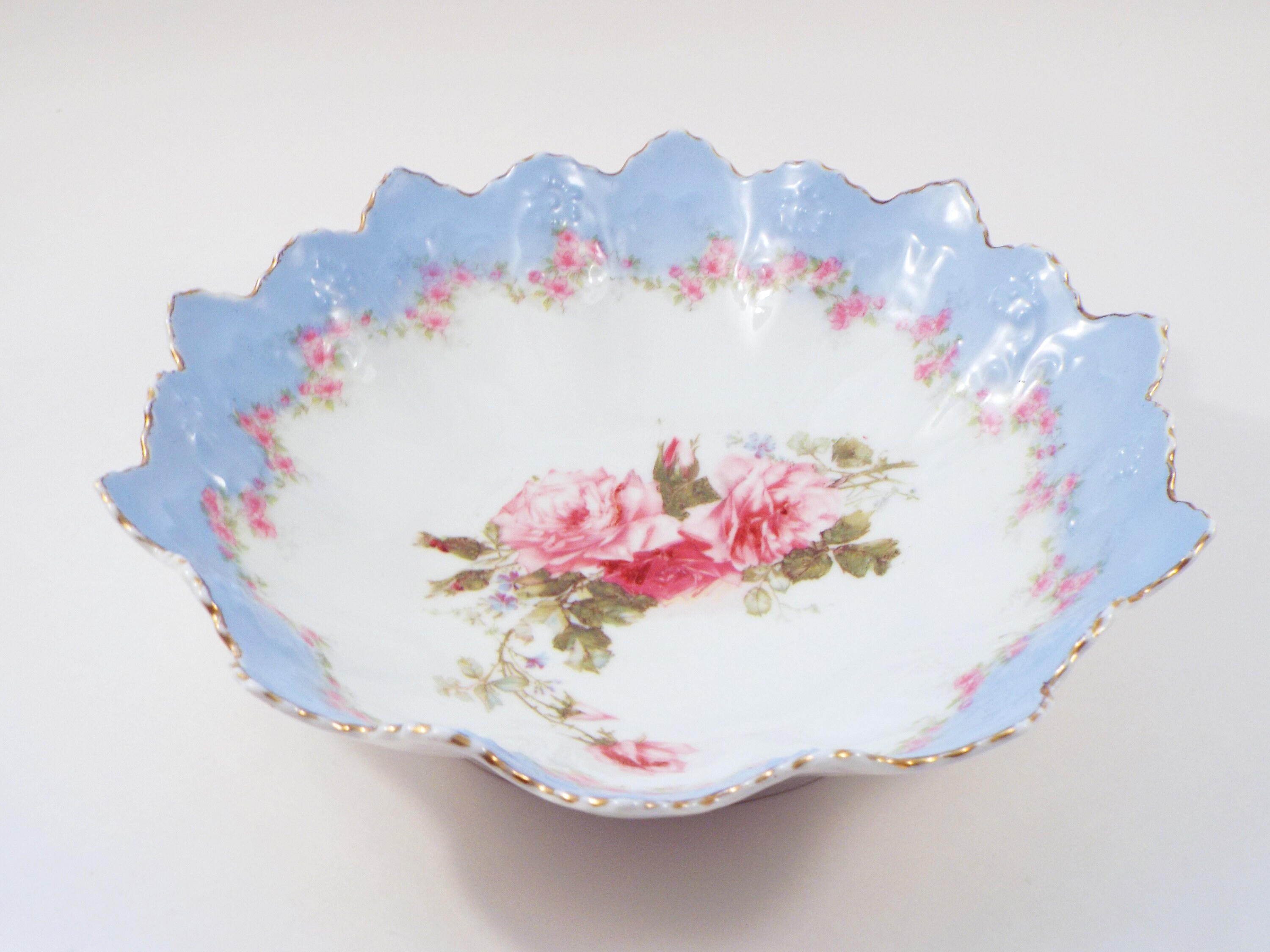Antique Porcelain Bowl Pink Roses Baby Blue Border - Etsy