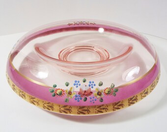 1930s Pink Console Bowl Rolled Edge Hand Painted Flowers - Elegant Glass of 1930s
