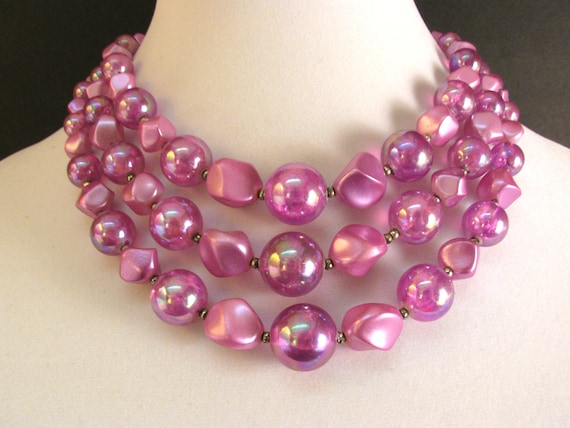 Vintage 1950s Multi Strand Necklace Raspberry Pink