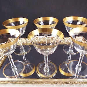 Tiffin-Franciscan Champagne Glasses Set of 6 Rambler Rose Clear 22K Gold Encrusted Optic   [B-475]