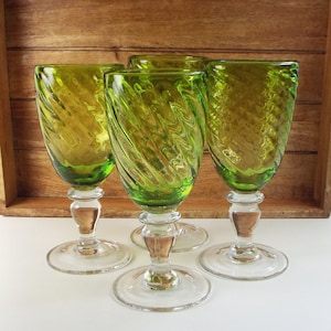 Four Vintage Handblown Chartreuse/Green Swirl Water Goblets by Homestudio Thick Heavy Glass