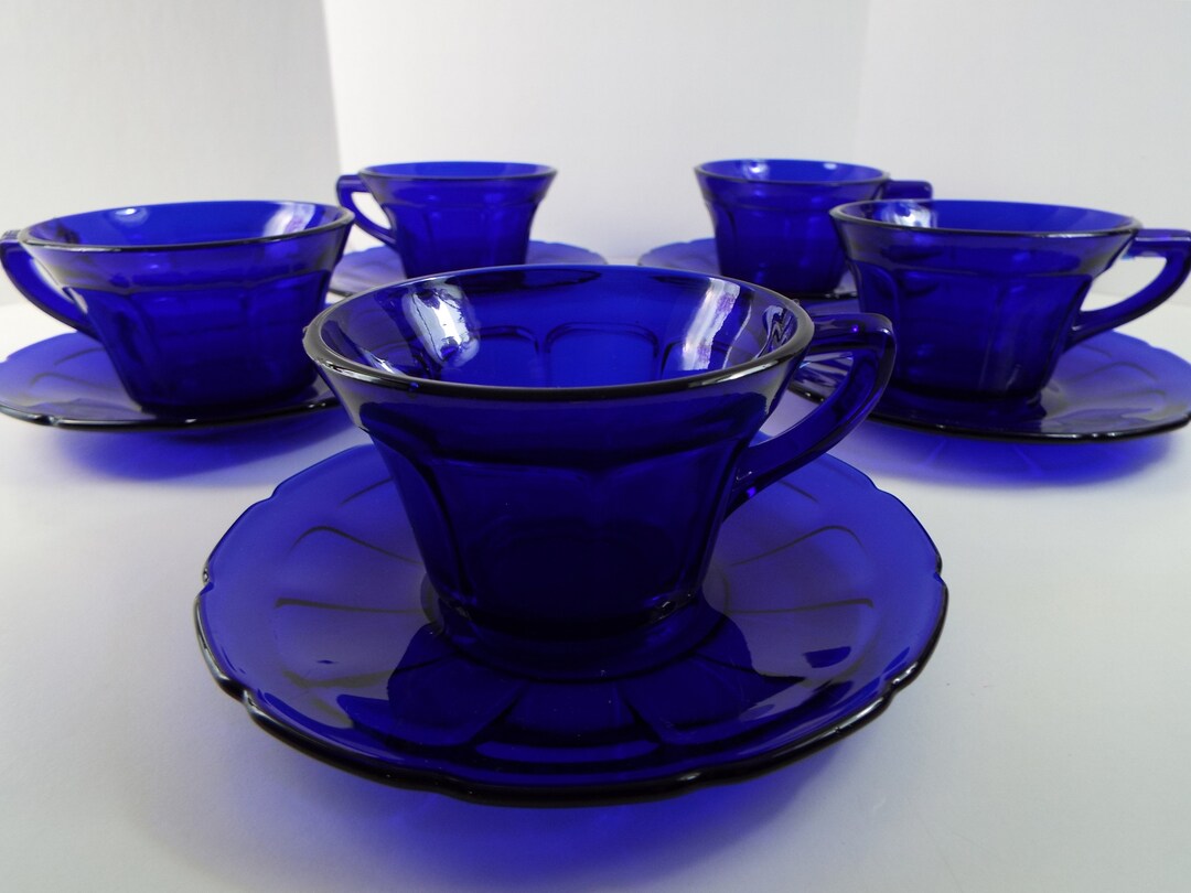 5 Sets Depression Cobalt Blue Glass Cups and Saucers VICTORY by Diamond ...