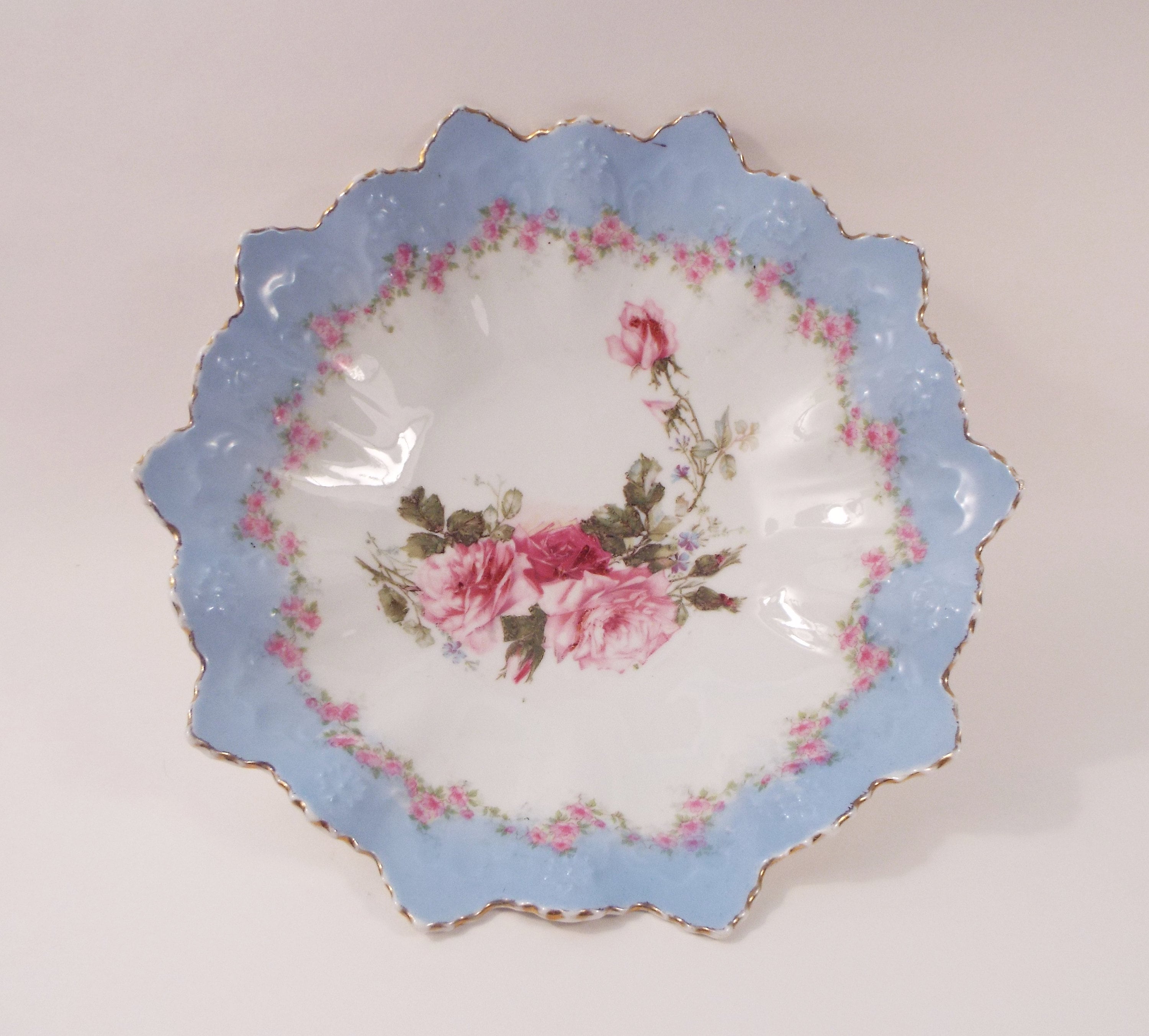 Antique Porcelain Bowl Pink Roses Baby Blue Border - Etsy