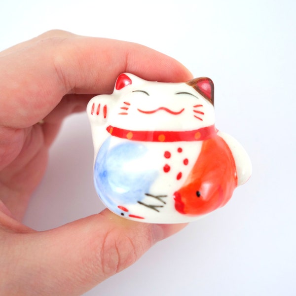 XL Japanishes glückliche Katze Porzellan handgemalt Perlen - Kawaii Maneki Neko - Kran - Koi Fische - Glück - Glücksbringer