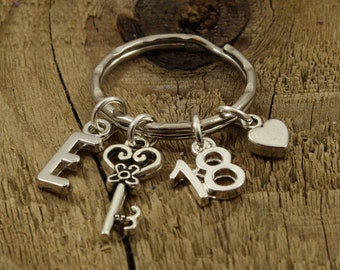 18 keyring, 18 keychain, eighteen keyring, personalised 18 gift, personalized 18 gift, initial charm, eighteenth birthday, 18th birthday
