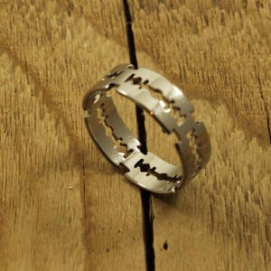 Könnte beinhalten: Ein silberfarbener Ring mit einem einzigartigen Design, das eine Reihe von klingenartigen Aussparungen aufweist. Der Ring ist vor einem hölzernen Hintergrund platziert, der seinen metallischen Glanz und seine filigranen Details hervorhebt. Das Design des Rings ist kantig und modern.