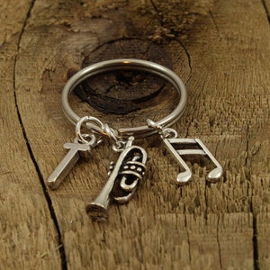 Trumpet keyring, trumpet keychain, trumpeter, personalised trumpet gift, personalized, initial charm, musician gift, jazz, brass band, wind