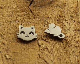 Cat and mouse studs, cat earrings, mouse stud earrings, silver cat studs, stainless steel studs, cat gift, cat fan, cat lover, cat and mouse
