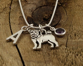 Pug necklace, personalised pug necklace, initial charm necklace, initial pendant necklace, alphabet, pug gift, pug charm, pug fan, dog lover