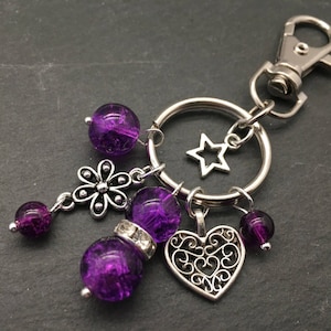 Heart bag charm, heart charm keyring, beaded heart keychain, beaded bag charm, silver heart keyring, silver bag accessory, bag dangle