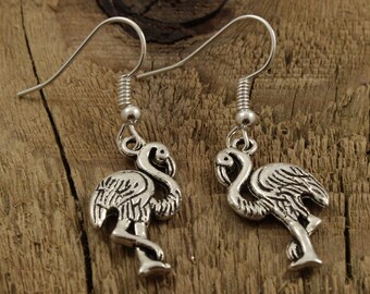 Flamingo earrings, flamingo charm earring, silver flamingo earrings, silver flamingo dangly earrings, bird lover gift, flamingo fan gift