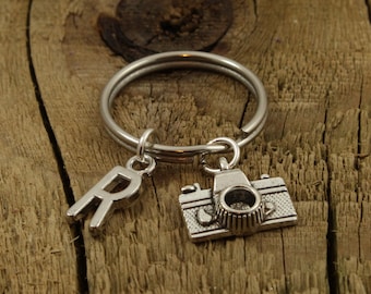 Camera keyring, camera keychain, photographer keyring, personalised camera gift, personalized photographer gift, initial charm, camera gift