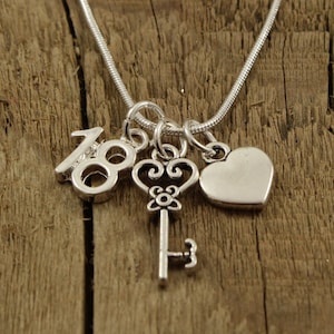 18 necklace, 18th birthday gift, 18 pendant necklace, 18th necklace, eighteenth birthday gift, key, heart, 18th gift, coming of age gift