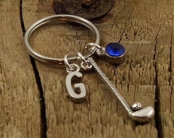 Llavero de golfista, llavero de golfista, llavero de palo de golf, llavero de golf, llavero de golf, dije inicial, piedra de nacimiento, regalo de golf, regalo para fanáticos del golf
