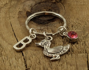 Duck keyring, duck keychain, personalized duck keyring, duck gift, initial charm, birthstone charm, bird lover gift, duck fan, mallard, duck