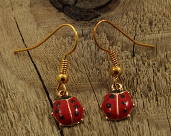 Ladybird earrings, enamel ladybird earrings, red ladybird, ladybird fan gift, ladybird themed gift, red and gold, gold ladybird earrings
