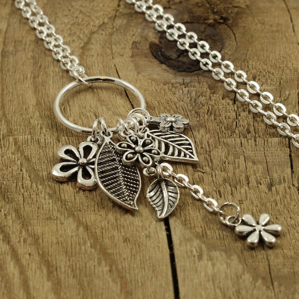 Long flower necklace, silver flower necklace, silver multi pendant necklace, long necklace, long silver necklace, nature gift, leaf gift