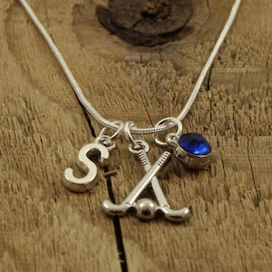 Silver hockey necklace, hockey stick necklace, initial pendant necklace, personalised necklace, hockey player necklace, hockey gift, hockey