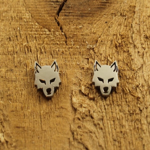 Wolf studs, wolf earrings, wolf stud earrings, silver wolf studs, stainless steel studs, wolf gift, wolf fan, wolf jewellery, wolf lover