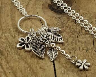 Long flower necklace, silver flower necklace, silver multi pendant necklace, long necklace, long silver necklace, nature gift, leaf gift